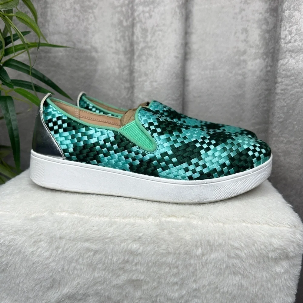 Fitflop Women’s Rally Checkered Woven Slip On Sneakers Green EUR 38.5 / US 7.5